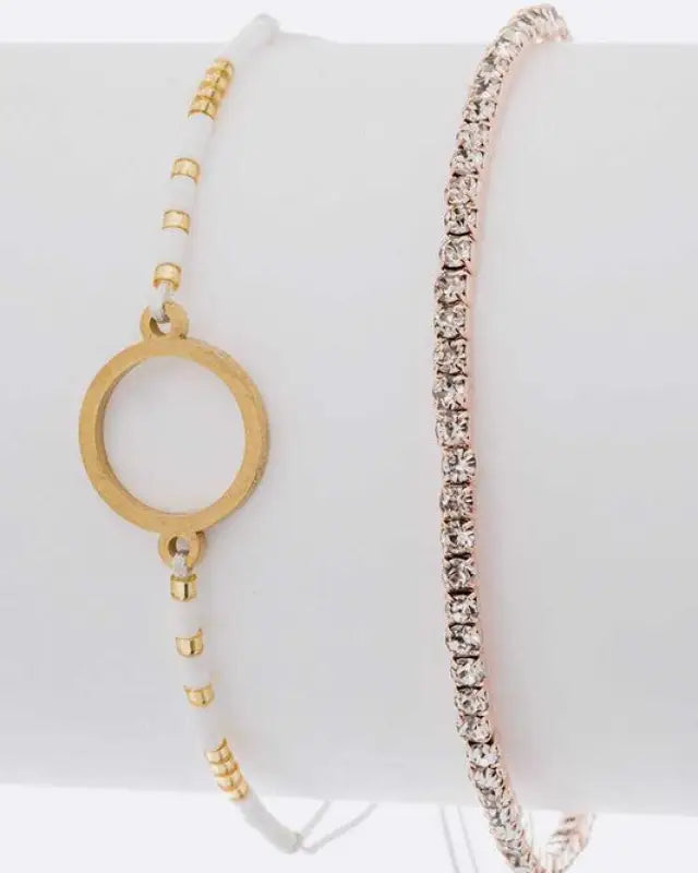 Seed Beads String Rhinestone Bracelet Set - Gold/White / O/S
