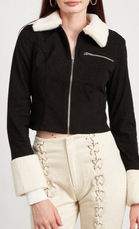 Serena Contrasted Collar And Cuff Crop Jacket