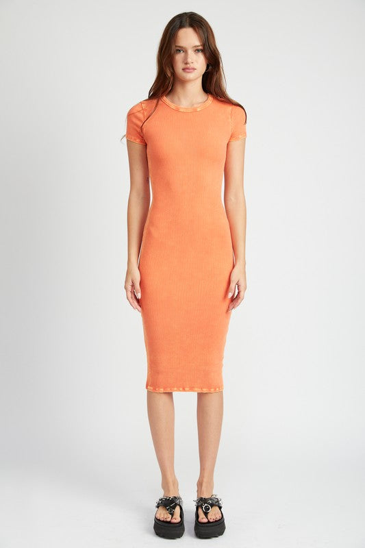 SHORT SLEEVE BODYCON MIDI DRESS - Orange / S - Dresses