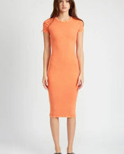 SHORT SLEEVE BODYCON MIDI DRESS - Orange / S - Dresses