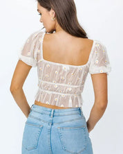 Short Sleeve Ruched Embroidery Crop Top