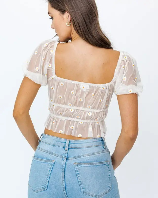 Short Sleeve Ruched Embroidery Crop Top