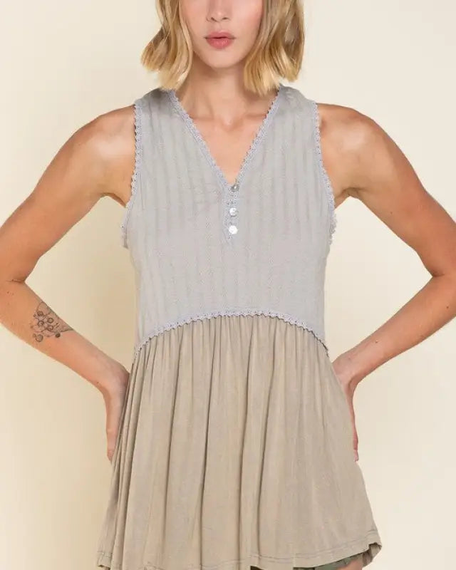 Simple But Unique Babydoll Knit Tank Top - STEEL GREY / S