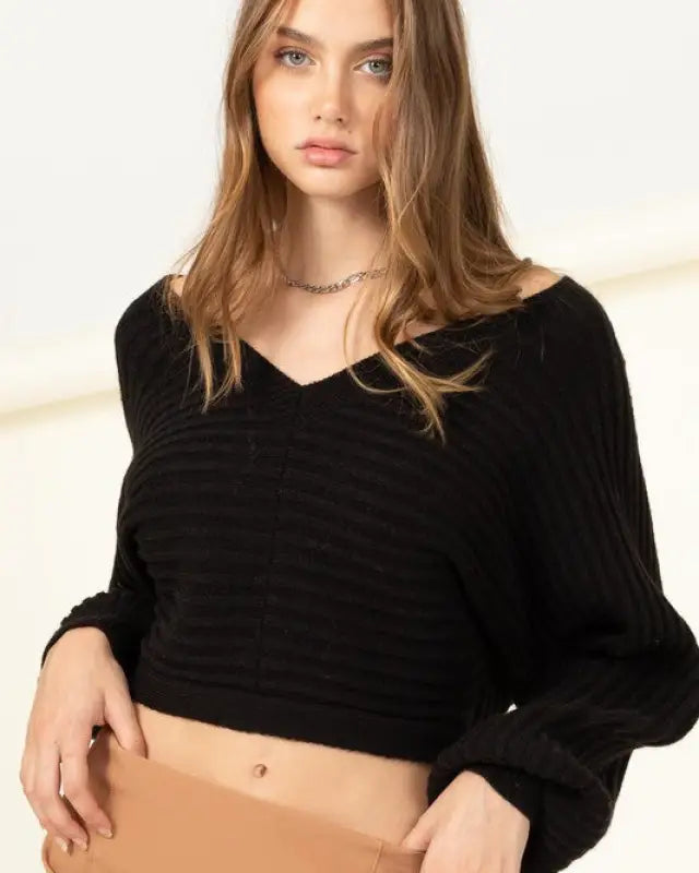 Simply Stunning Tie-Back Cropped Sweater Top - Black / S