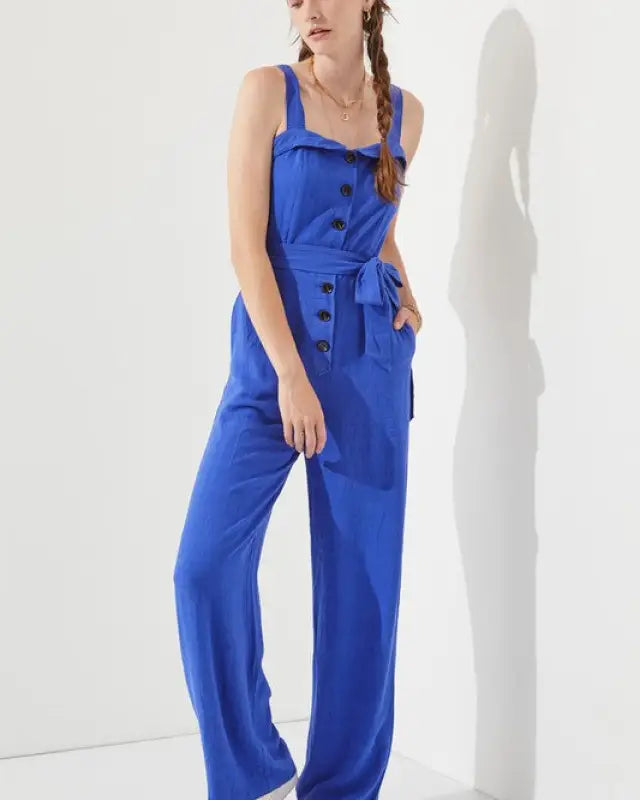 SLEEVELESS ADJUSTABLE STRAP BUTTON DOWN JUMPSUIT