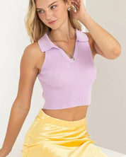 Sleeveless Collared Crop Knit Top - LAVENDER / S