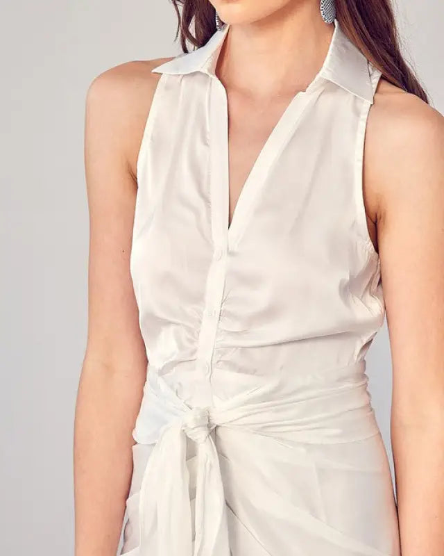 Sleeveless Collared Front Tie Dress