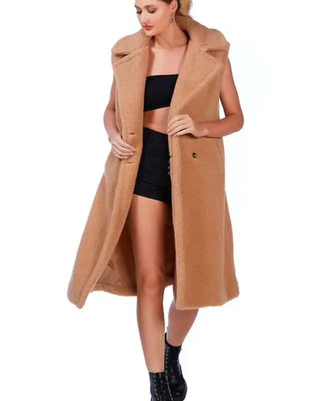 Sleeveless Double Breasted Teddy Coat