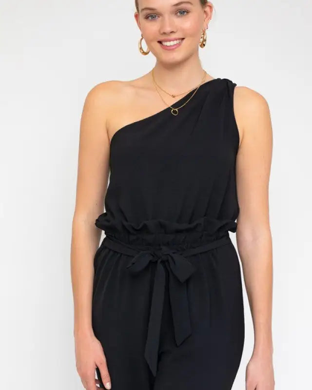 Sleeveless One Shoulder Waist Tie Jumpsuit