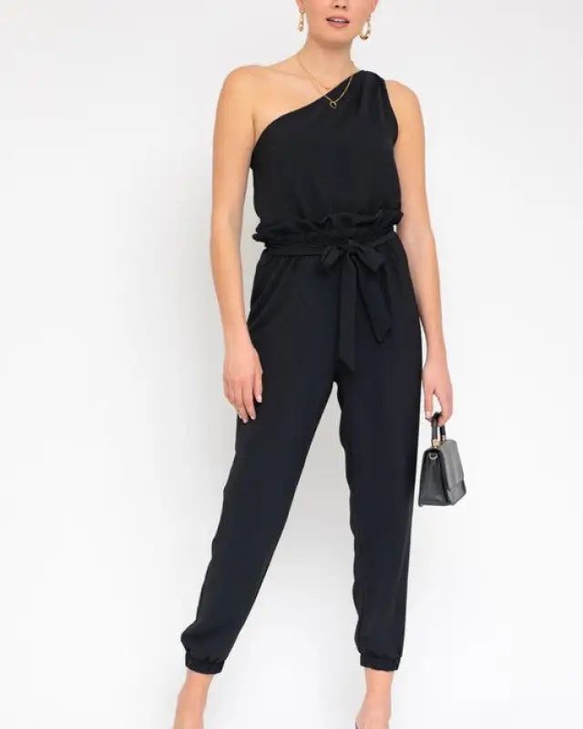 Sleeveless One Shoulder Waist Tie Jumpsuit