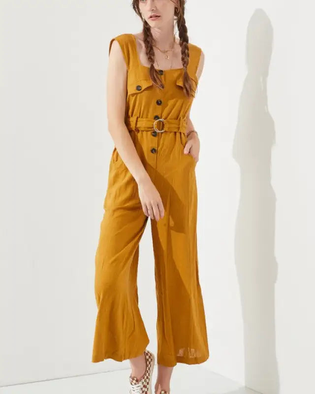 SLEEVELESS SQUARE NECK BUTTON DOWN ANKLE JUMPSUIT