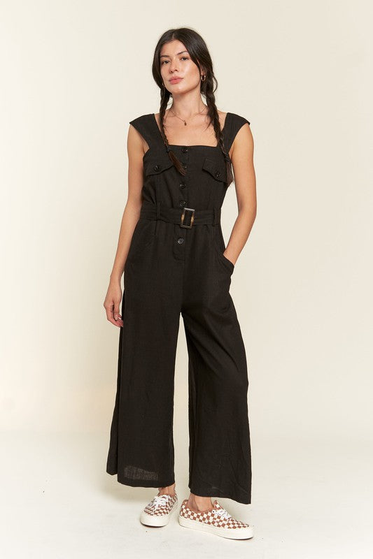 SLEEVELESS SQUARE NECK BUTTON DOWN ANKLE JUMPSUIT - Black / S