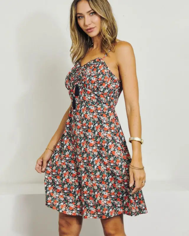 Sleeveless V-Neck Floral Dress - Dresses