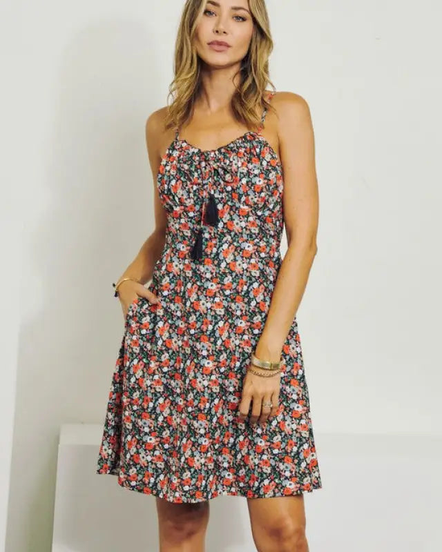 Sleeveless V-Neck Floral Dress - Dresses