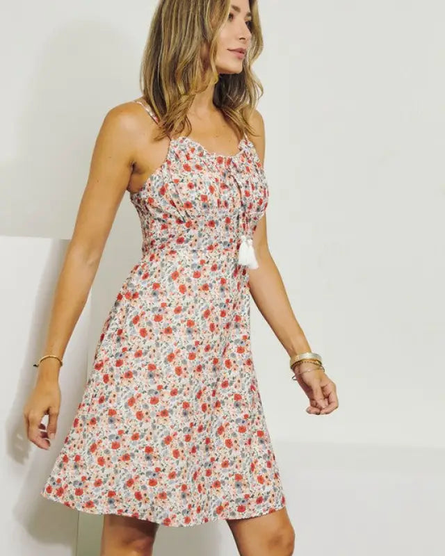 Sleeveless V-Neck Floral Dress - Dresses