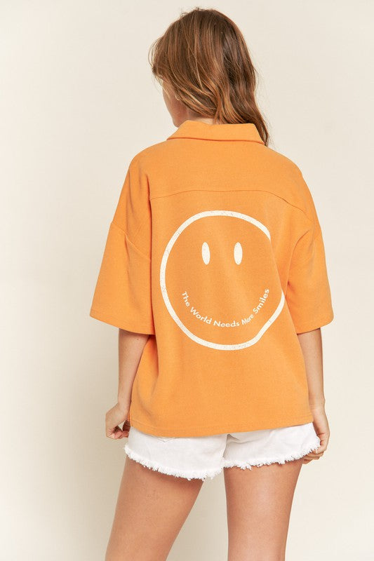 SMILE FACE BACK SHIRTS TOP - Orange / S