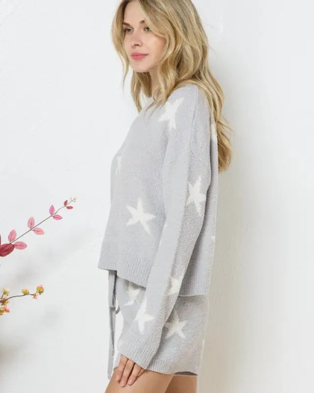 Soft Long Sleeve Star Print Top And Short Set