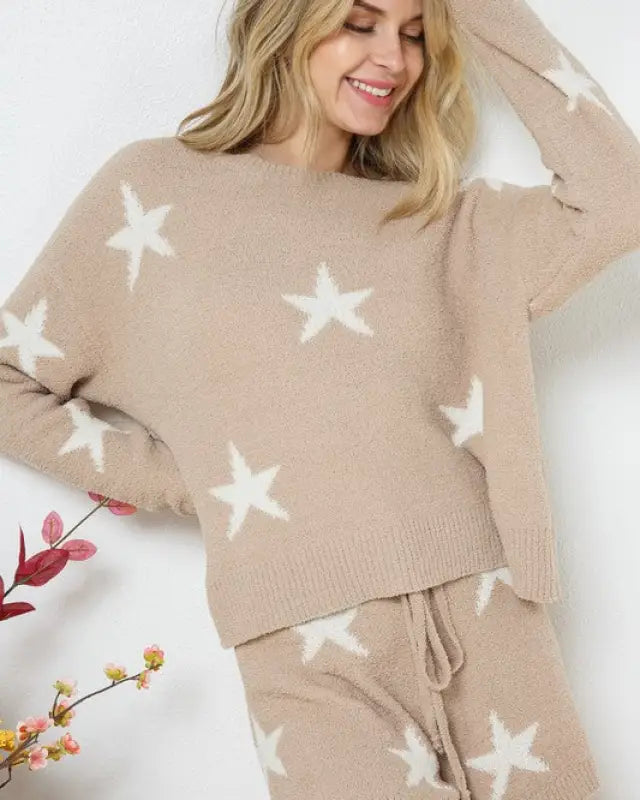 Soft Long Sleeve Star Print Top And Short Set