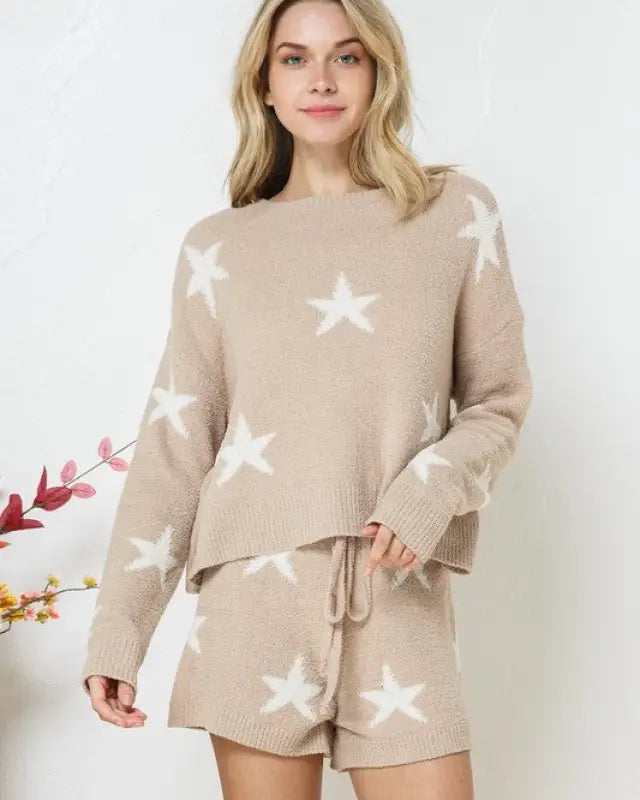 Soft Long Sleeve Star Print Top And Short Set