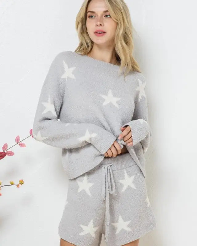 Soft Long Sleeve Star Print Top And Short Set