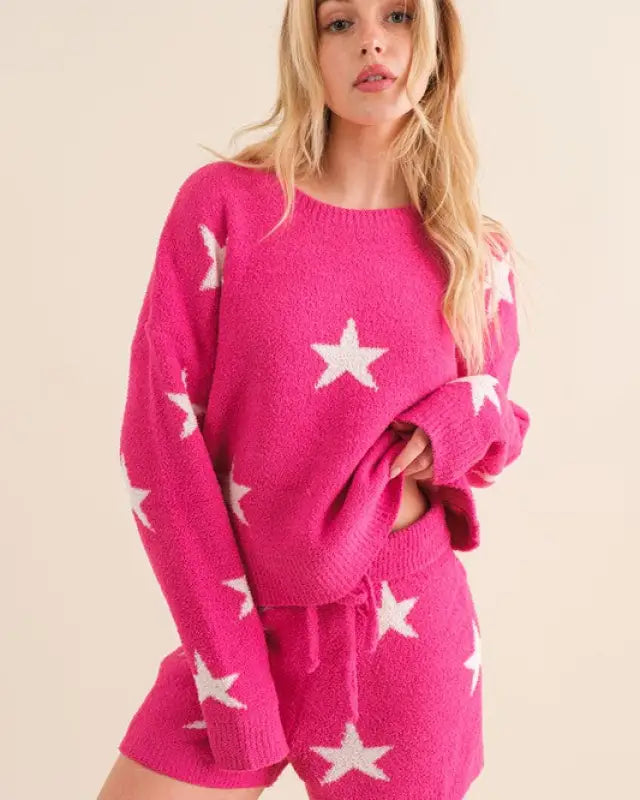 Soft Long Sleeve Star Print Top And Short Set