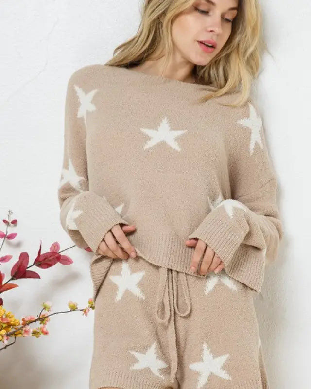 Soft Long Sleeve Star Print Top And Short Set