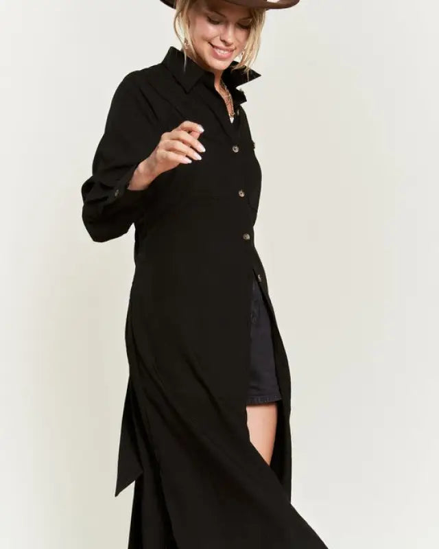 SOLID BUTTON DOWN BELTED LONG DRESS 30-545 - Black / S - Dresses