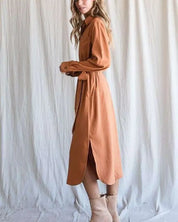 SOLID BUTTON DOWN BELTED LONG DRESS 30-545 - Dresses