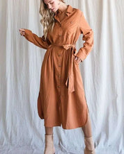 SOLID BUTTON DOWN BELTED LONG DRESS 30-545 - Dresses