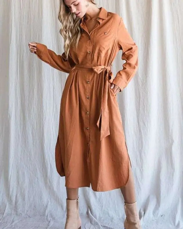 SOLID BUTTON DOWN BELTED LONG DRESS 30-545 - Dresses