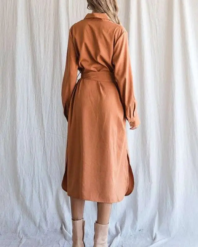 SOLID BUTTON DOWN BELTED LONG DRESS 30-545 - Dresses