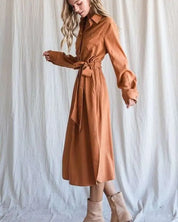 SOLID BUTTON DOWN BELTED LONG DRESS 30-545 - Dresses