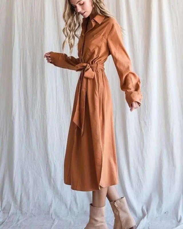 SOLID BUTTON DOWN BELTED LONG DRESS 30-545 - Dresses