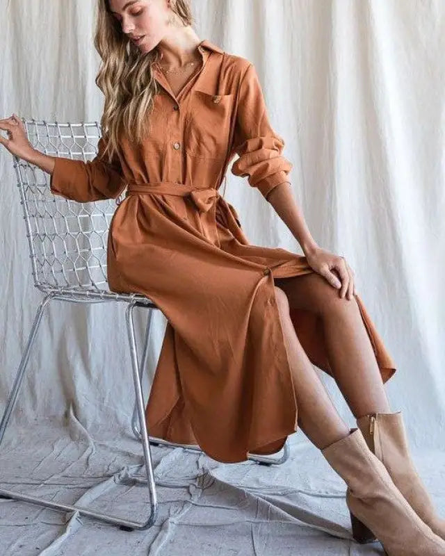 SOLID BUTTON DOWN BELTED LONG DRESS 30-545 - Mocha / S - Dresses