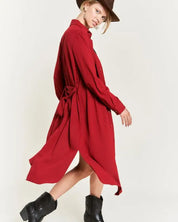 SOLID BUTTON DOWN BELTED LONG DRESS 30-545 - Red / S - Dresses