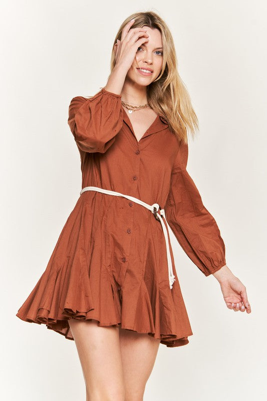 SOLID FLARE SHIRT DRESS KRD4190 - Mocha / S - Dresses