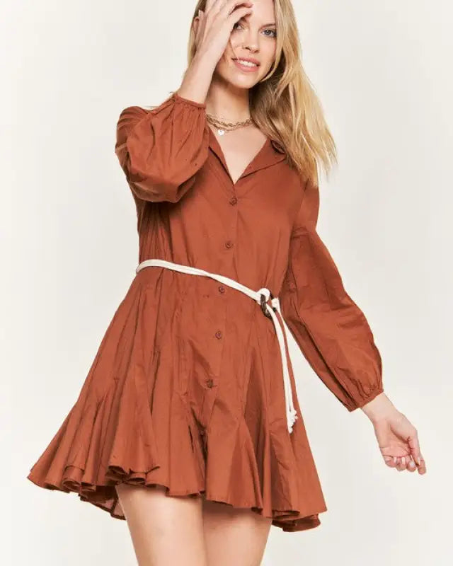 SOLID FLARE SHIRT DRESS KRD4190 - Mocha / S - Dresses