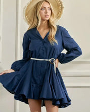 SOLID FLARE SHIRT DRESS KRD4190 - Navy / S - Dresses