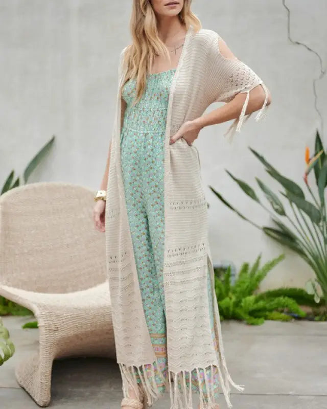 Solid Long Cardigan With Fringe