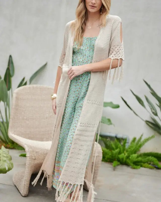 Solid Long Cardigan With Fringe