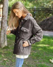 Solid Mineral Wash Quilted Pockets Shacket