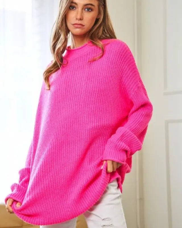 Solid Mock Neck Long Sleeve Knit Sweater