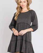 SOLID RIB CASUAL BABYDOLL TIERED DRESS - CHARCOAL / S