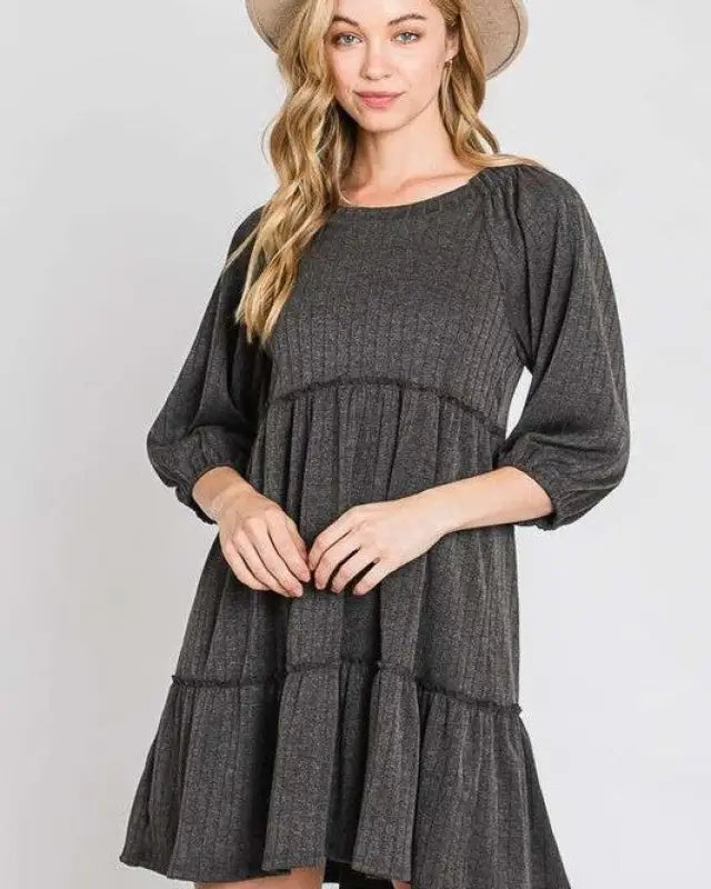 SOLID RIB CASUAL BABYDOLL TIERED DRESS - CHARCOAL / S