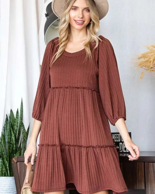 SOLID RIB CASUAL BABYDOLL TIERED DRESS