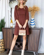 SOLID RIB CASUAL BABYDOLL TIERED DRESS