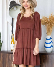 SOLID RIB CASUAL BABYDOLL TIERED DRESS