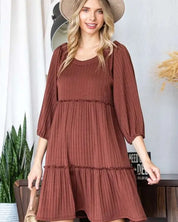 SOLID RIB CASUAL BABYDOLL TIERED DRESS