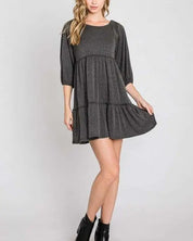 SOLID RIB CASUAL BABYDOLL TIERED DRESS