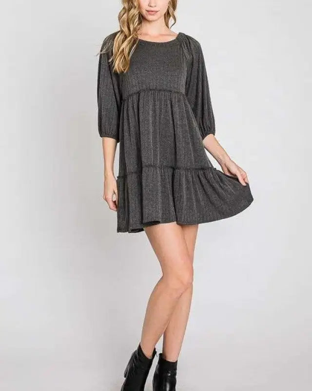 SOLID RIB CASUAL BABYDOLL TIERED DRESS